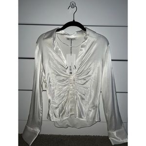 Zara white ruched satin blouse